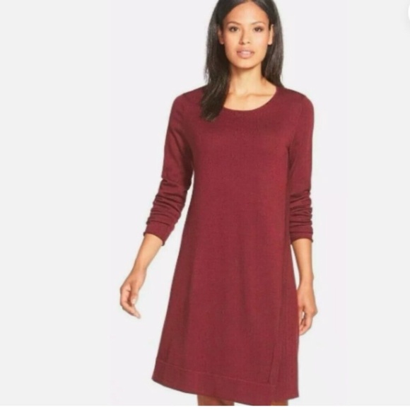 Eileen Fisher Sweater Dress Burgundy 100% Merino Wool Asymmetrical Long Sleeve - Picture 16 of 16
